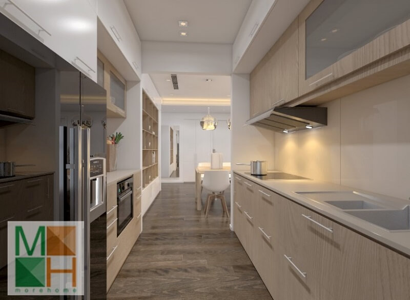 Mẫu thiết kế hệ tủ bếp gỗ hiện đại sử dụng gỗ công nghiệp An Cường cao cấp màu sáng mang đến vẻ đẹp cho phòng bếp Thiết kế chung cư