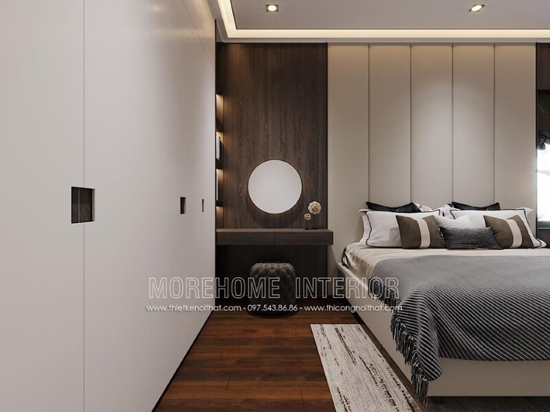 Trang trí nội thất phòng ngủ đẹp với gỗ ốp tường vân óc chó sang trọng. Thiết kế chung cư