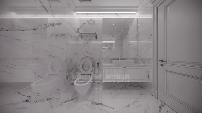 Sắp xếp phòng vệ sinh nhỏ đẹp ấn tượng với đá lát nền, ốp tường đồng bộ tạo nên sự độc đáo, mới lạ cho không gian. Thiết kế chung cư