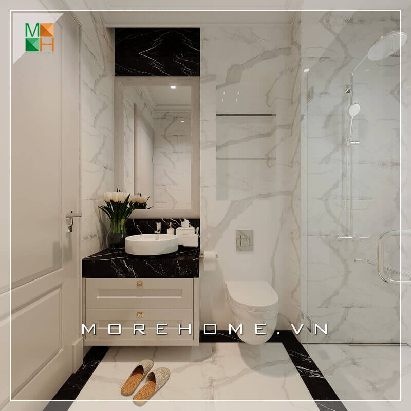 KTS sử dụng vách kính ngăn cách giữa nhà vệ sinh và nhà tắm tạo cảm giác thông thoáng và rộng rãi, sang trọng hơn. Thiết kế phòng tắm nhà phố