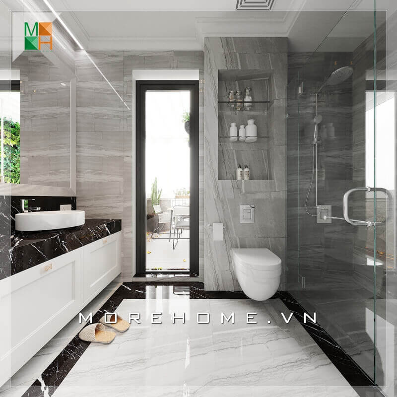 Thiết kế nhà vệ sinh kết hợp nhà tắm rất tiện lợi và phù hợp với diện tích căn phòng biệt thự, nhà phố. Sử dụng gạch lát nền và gạch ốp tường đẹp cũng là một điểm cần chú ý. Thiết kế phòng tắm nhà phố