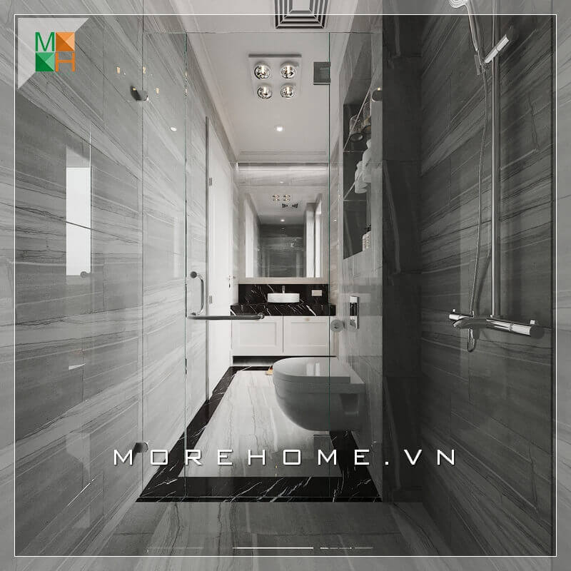 Việc sử dụng gạch lát nền và gạch ốp tường cũng hết sức sáng tạo giúp không gian phòng tắm trở nên rộng rãi và cảm giác thoải mái. Thiết kế phòng tắm nhà phố