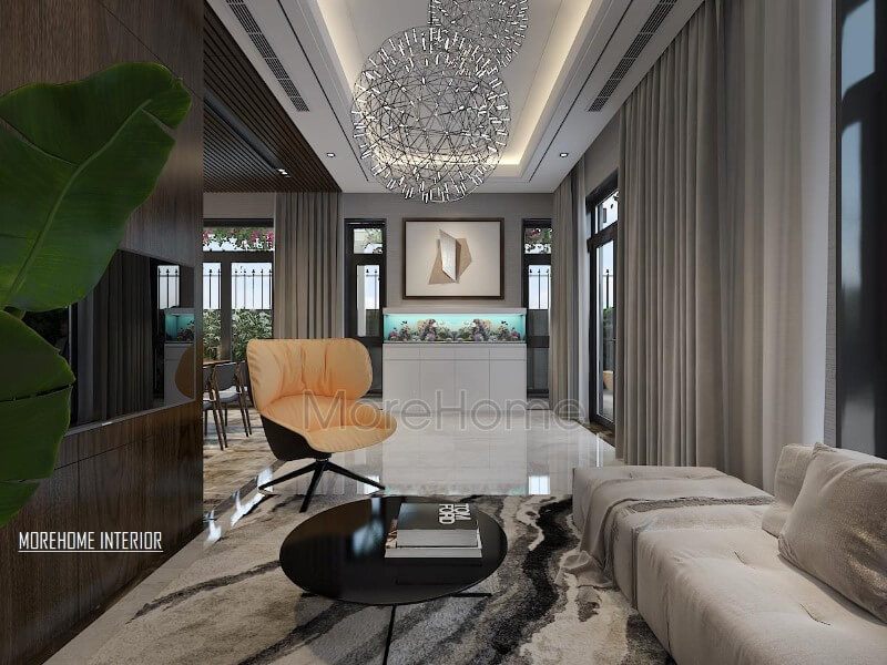 Trang trí nội thất phòng khách hiện đại độc đáo với bể cá phong thủy.