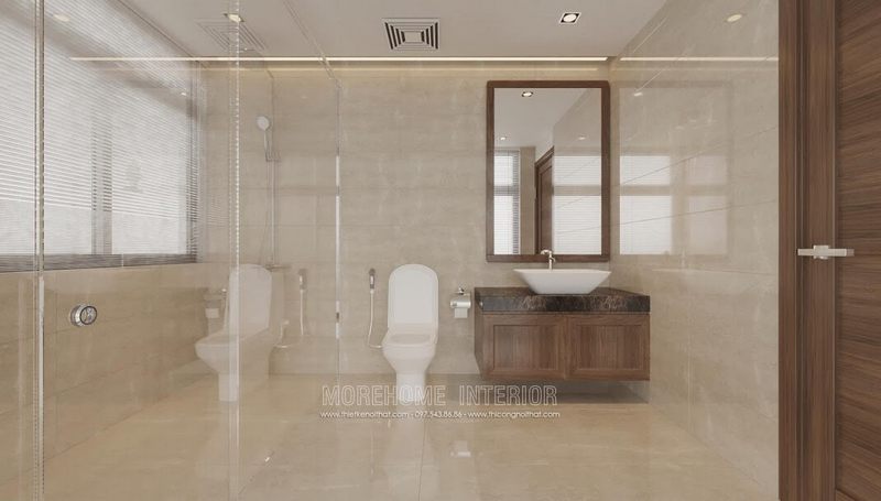 Mẫu thiết kế phòng tắm đẹp kết hợp vách tắm kính vời kệ tủ độ nhỏ nhắn đang được ưa chuộng hiện nay