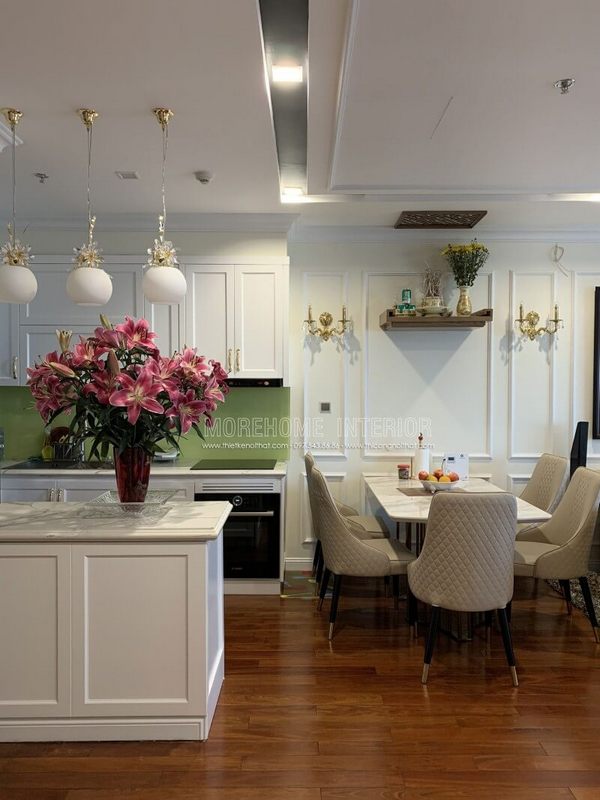 Thi công mẫu bàn ăn mặt đá 5 ghế ăn gỗ bọc da tân cổ điển đẹp cao cấp cho căn hộ chung cư vinhomes nguyễn chí thanh quận đống đa hà nội