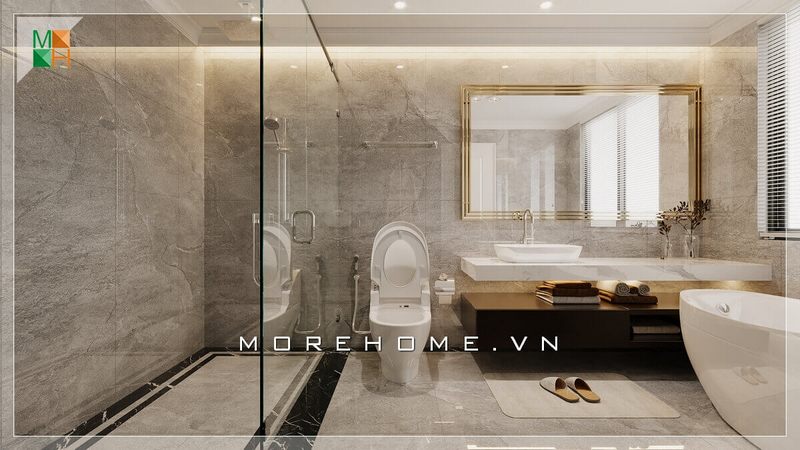 Thiết kế nhà tắm và nhà vệ sinh sử dụng gương to hình chữ nhật rất hiện đại, cảm giác căn phòng tắm rộng hơn thoáng hơn.