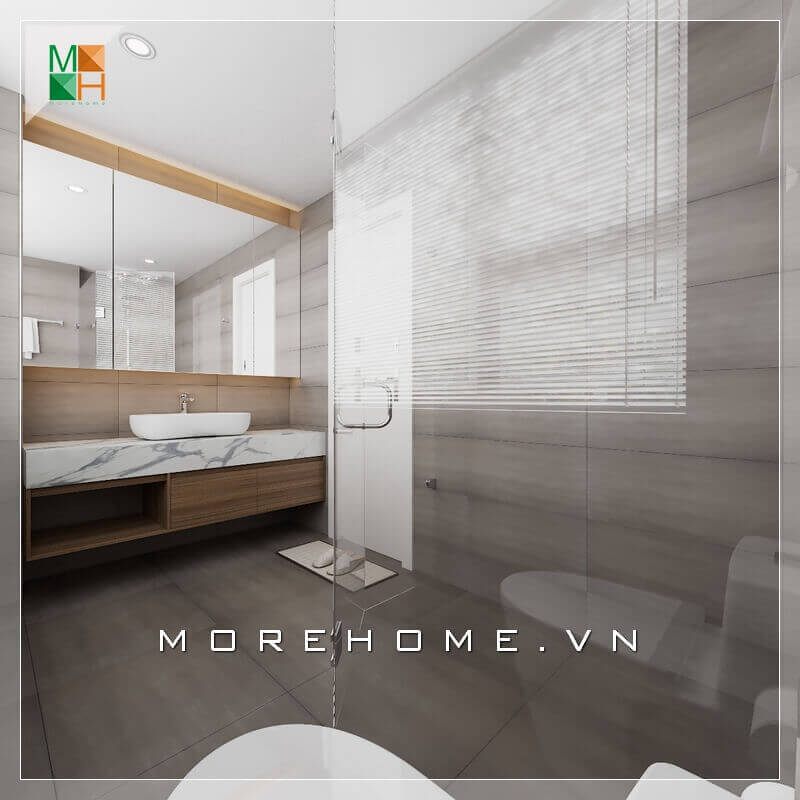 Kệ tủ đồ gỗ kết hợp với chậu rửa lavabo cao cấp và hiện đại sẽ tạo nên sự sang trọng cho không gian phòng tắm biệt thự.