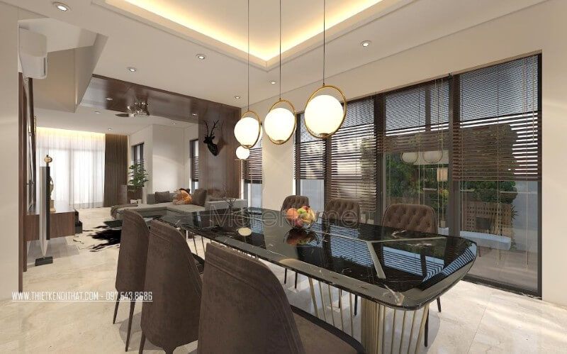 Mẫu bàn ăn hiện đại được thiết kế đơn giản với ốp đá tự nhiên giúp tạo ra sự sang trọng và sạch sẽ hơn.